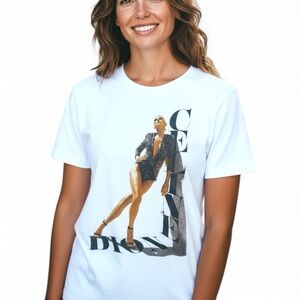 Celine Dion White "Leopard Tee" Graphic Tour Short Sleeve Tee sz Medium concert